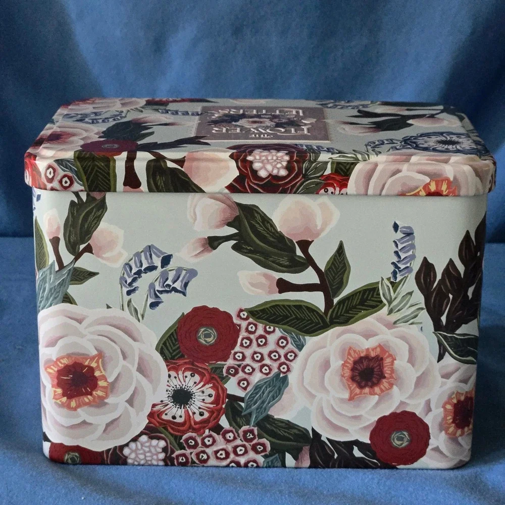 The Flower Letter Floral Botanical Decorative Storage Tin Box Sage Green Vintage